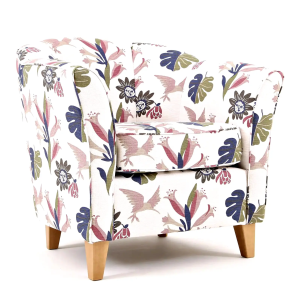 Sara nojatuoli kuviollisella kankaalla